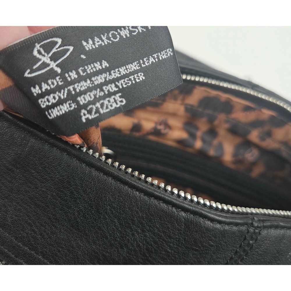 B. Makowsky Black Leather Hobo Shoulder Bag Leopard Print Lining - Picture 11 of 16